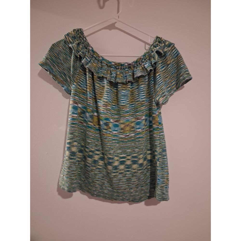 Banana Republic Multicolor Off-Shoulder Ruffle Knit Tunic Blouse M Linen